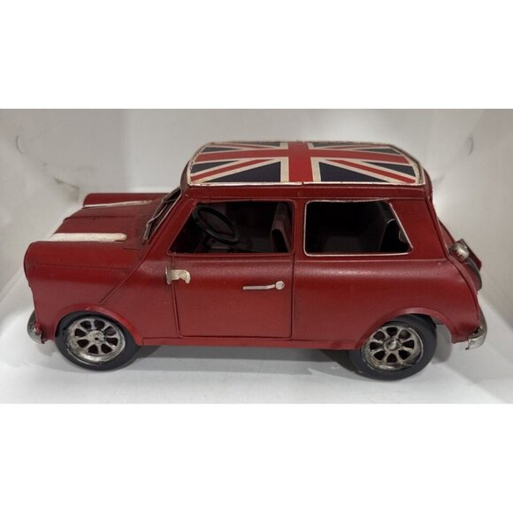 Vtg Classic Red Mini Cooper Retro Tin Model Car w British Flag Roof 11” X 5” - Picture 5 of 7